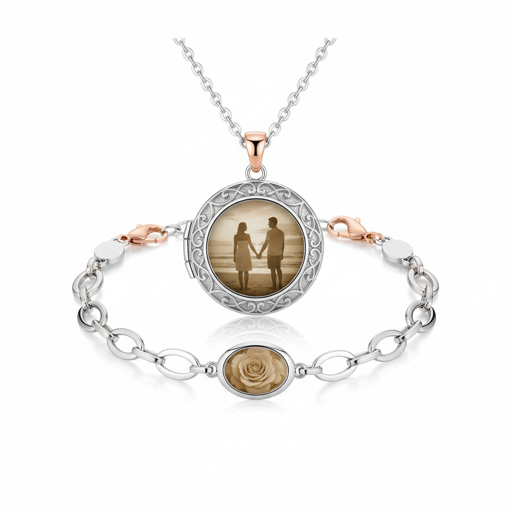 Heat activated photo jewelry locket necklace and bracelet revealing hidden photo on white background