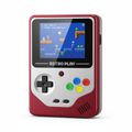 Retro handheld game console with color screen and classic controls on white background