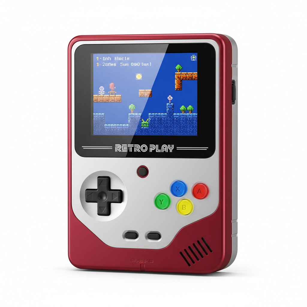 Retro handheld game console with color screen and classic controls on white background