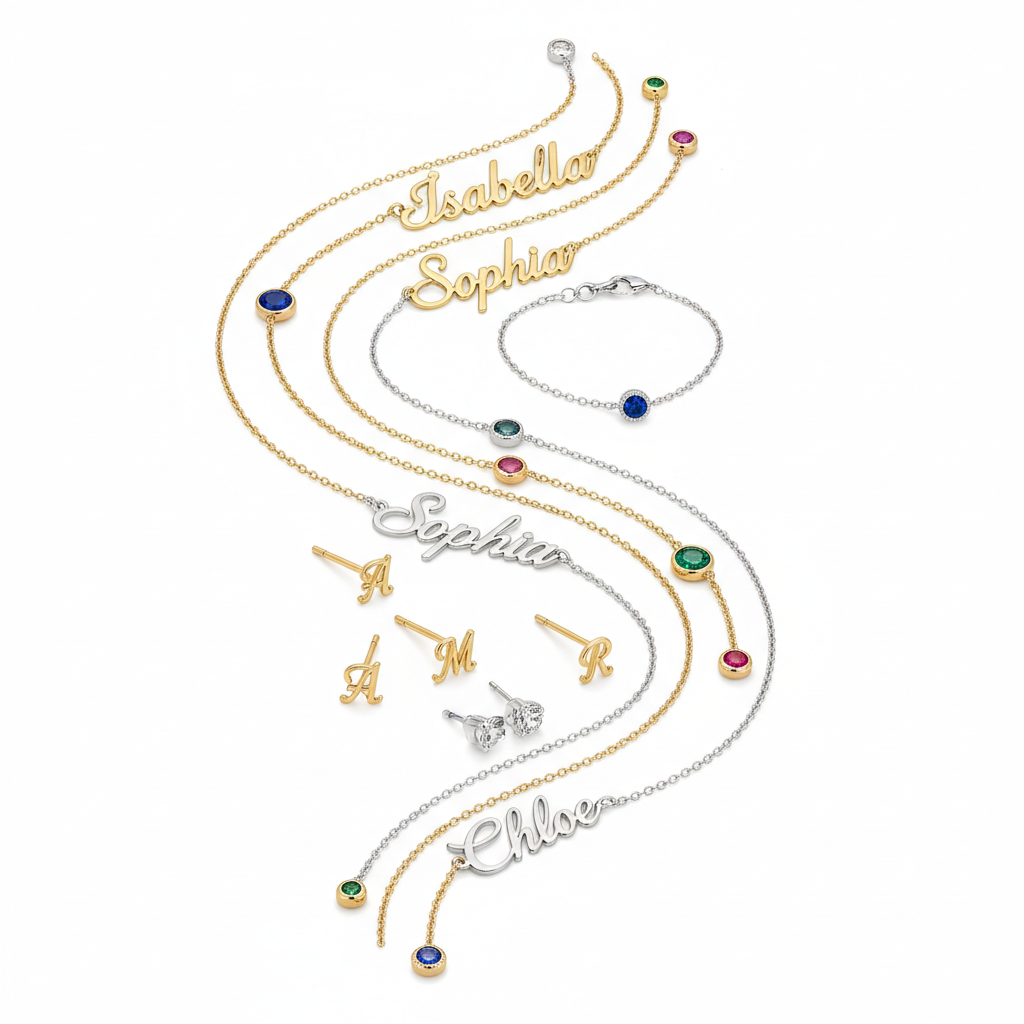 Delicate gold and silver personalized name necklaces and initial pendants on white background