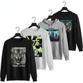 Custom printed t-shirts and hoodies with graphic designs on hangers on white background