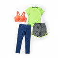 Athletic workout apparel including leggings, sports bra and gym shorts on white background