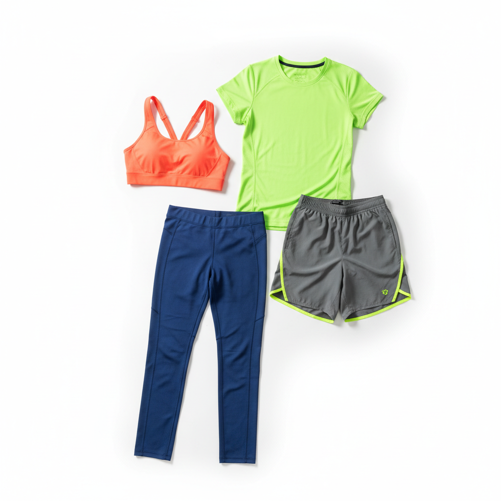 Athletic workout apparel including leggings, sports bra and gym shorts on white background