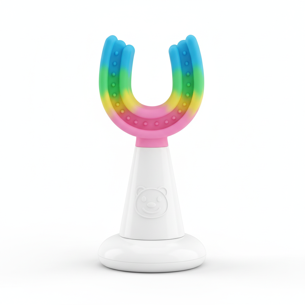 Colorful kids U-shaped silicone toothbrush on white background