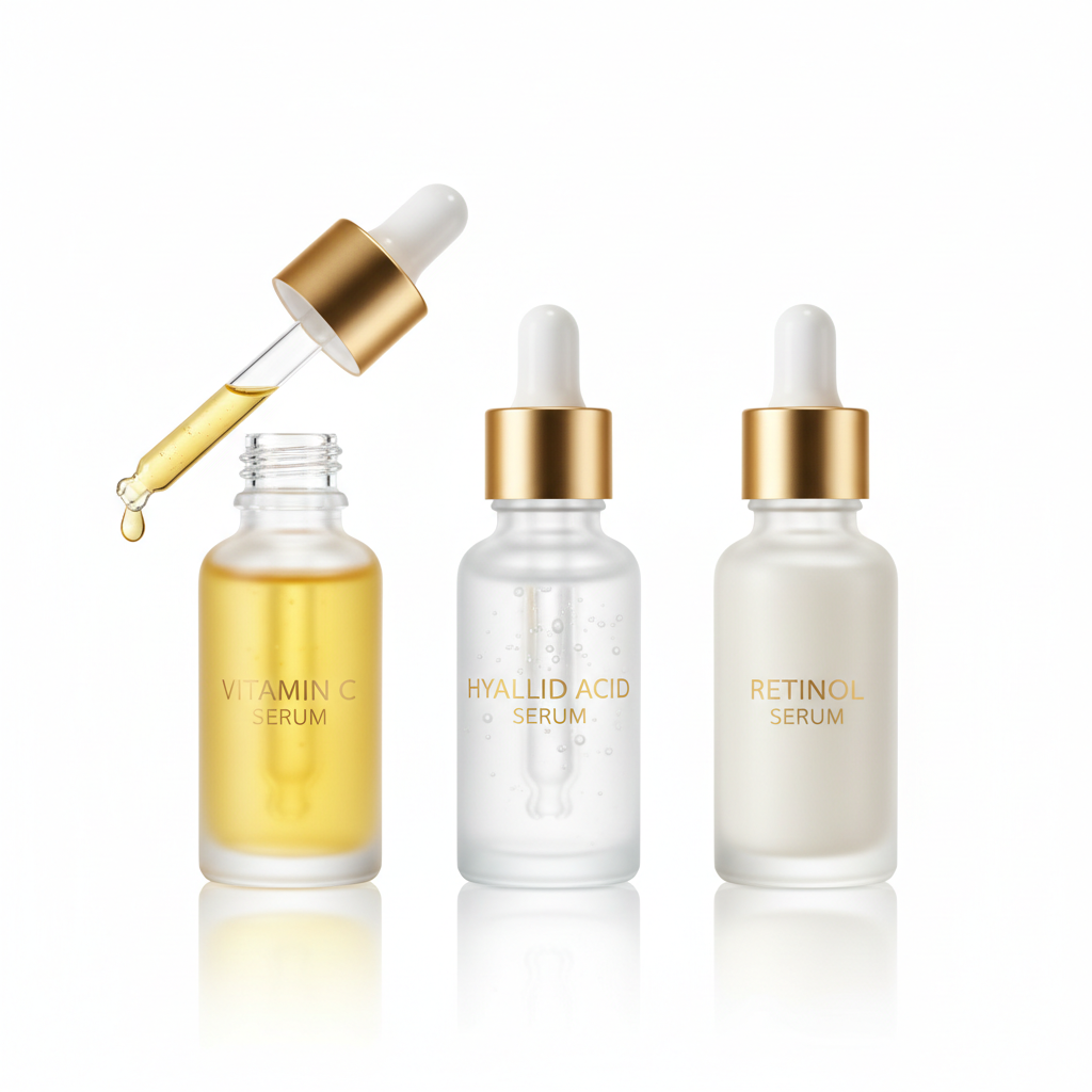 Elegant glass dropper bottles of face serums including vitamin C, hyaluronic acid and retinol on white background