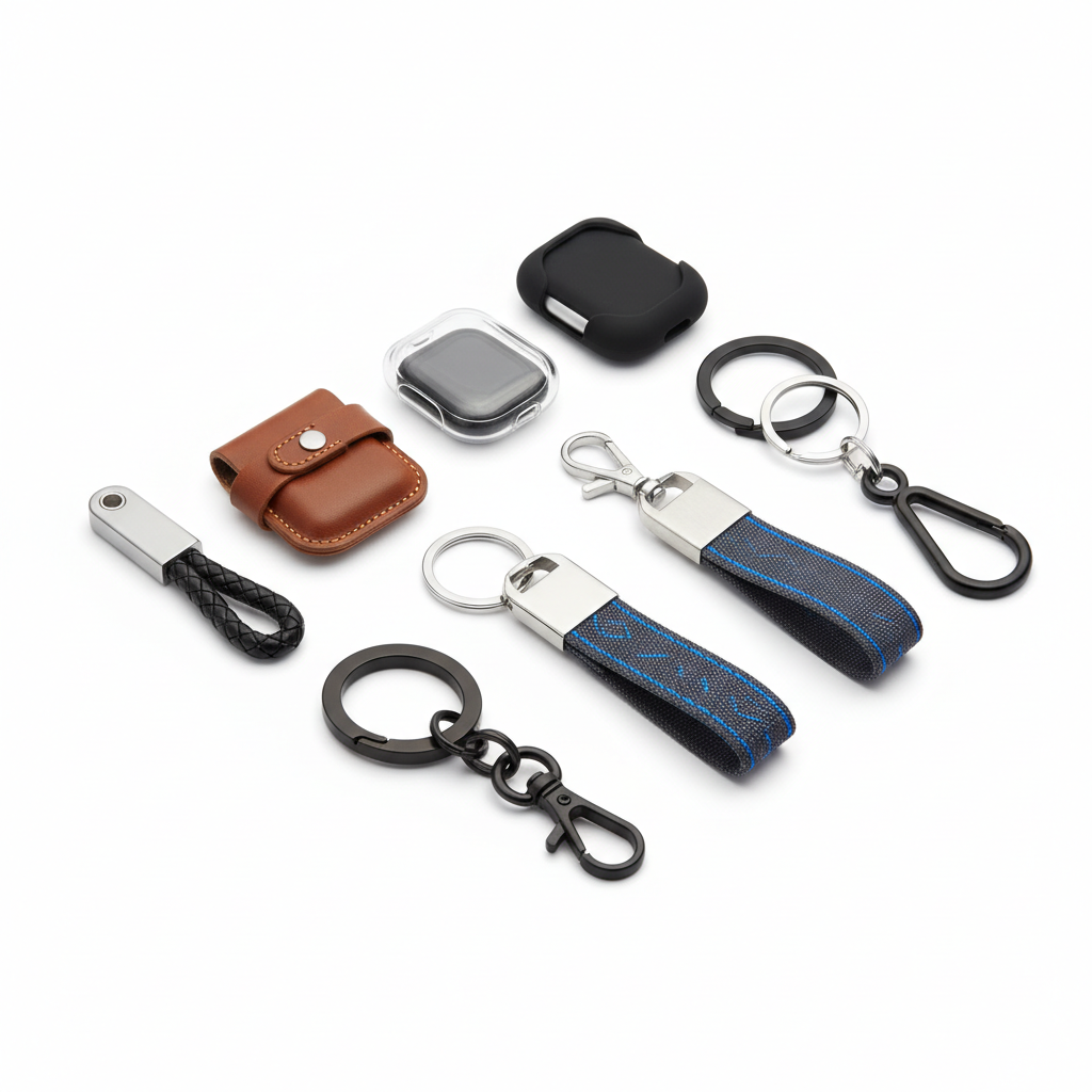 Smart keychains and AirTag accessories including leather holders and silicone cases on white background