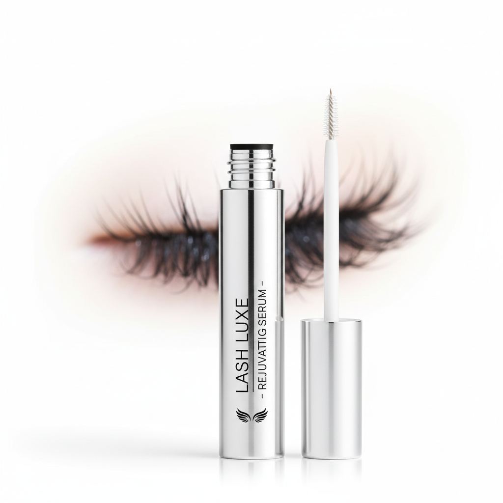 Elegant lash serum applicator tube on white background with beautiful long lashes