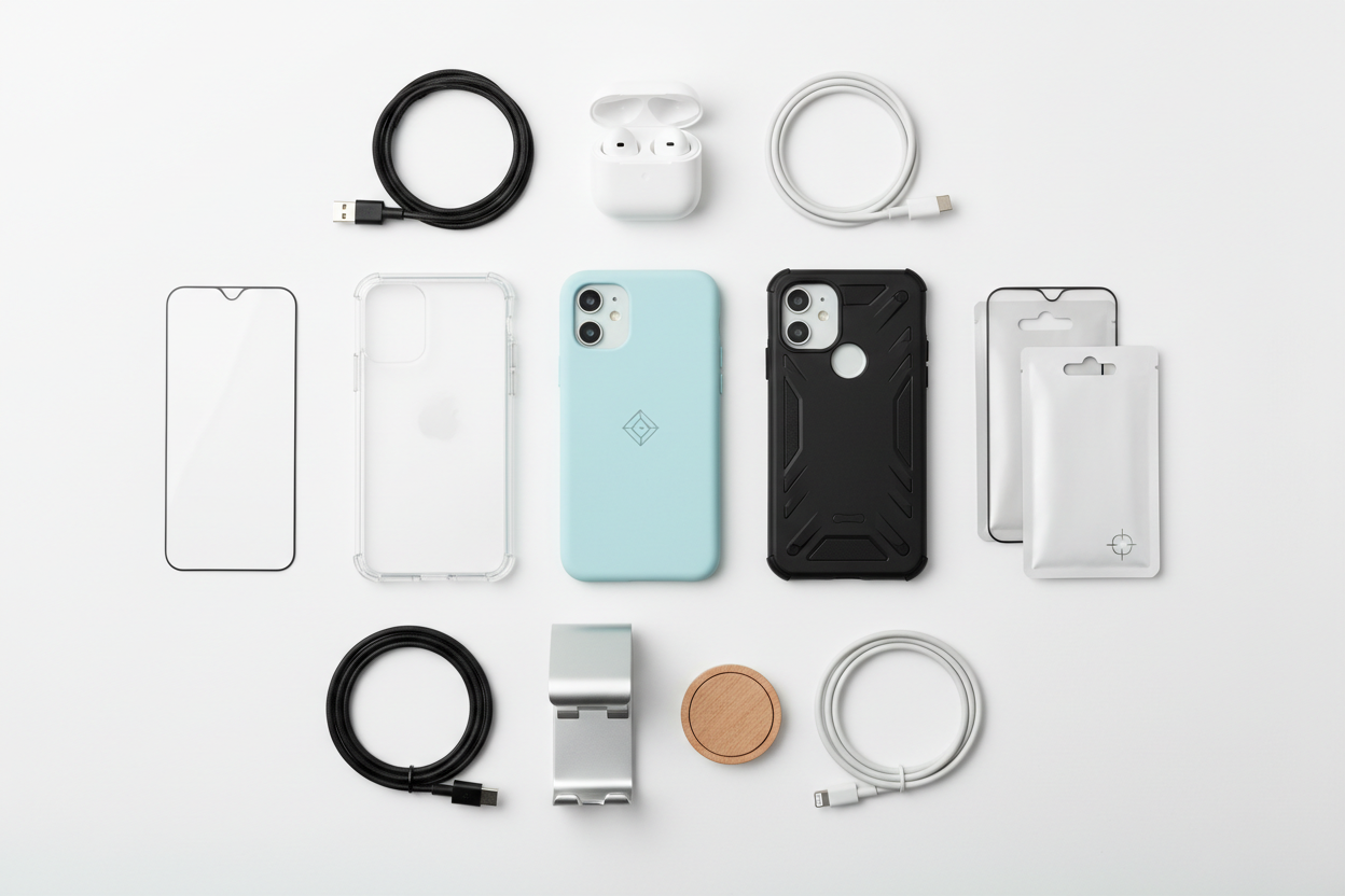 Cellphone accessories including phone cases, charging cables, screen protectors, wireless earbuds, and phone stands