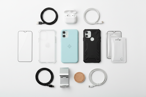 Cellphone accessories including phone cases, charging cables, screen protectors, wireless earbuds, and phone stands