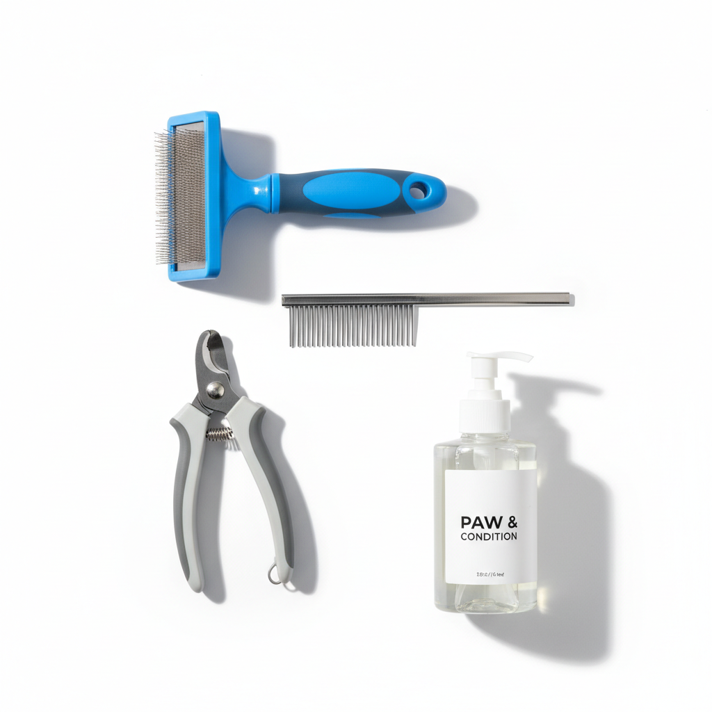 Pet grooming tools including deshedding brush, nail clippers and grooming comb on white background