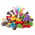 Colorful collection of pet toys including rope toys, squeaky toys and feather wands on white background