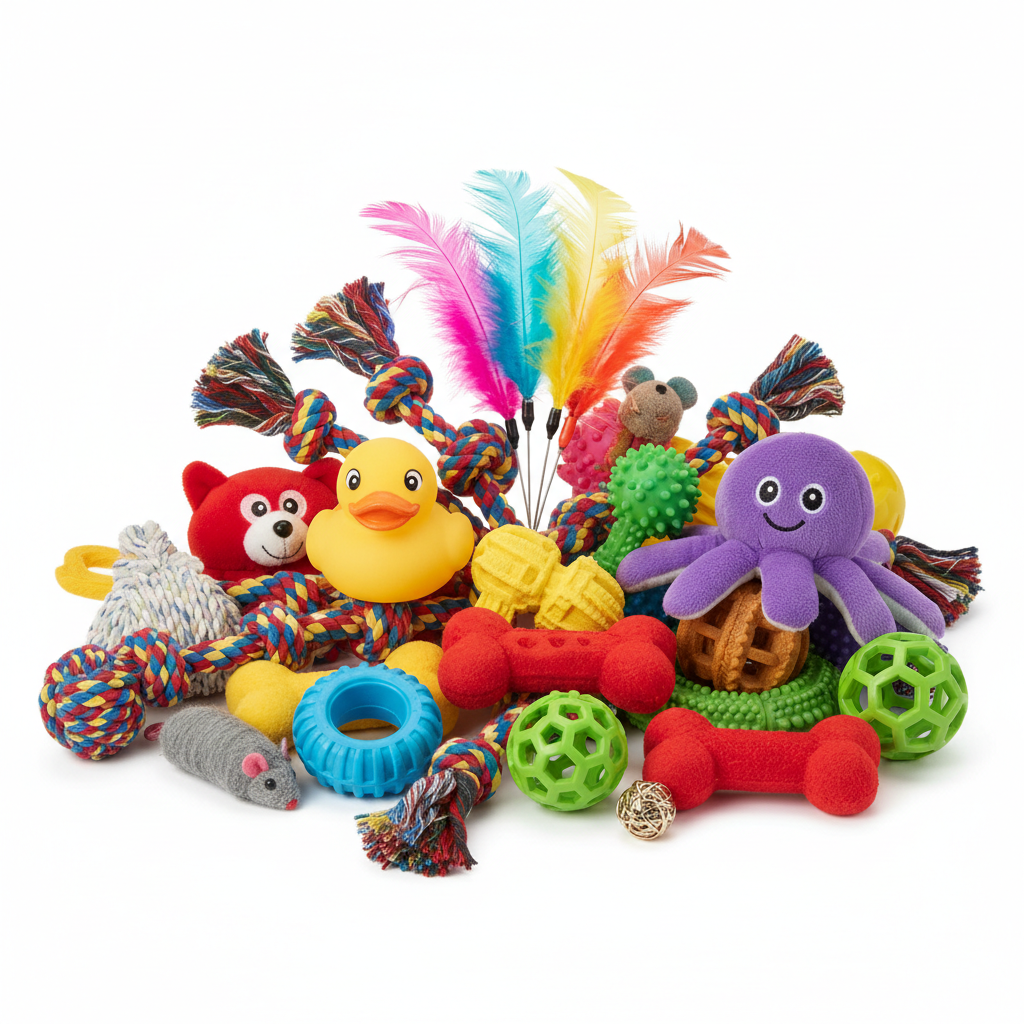 Colorful collection of pet toys including rope toys, squeaky toys and feather wands on white background