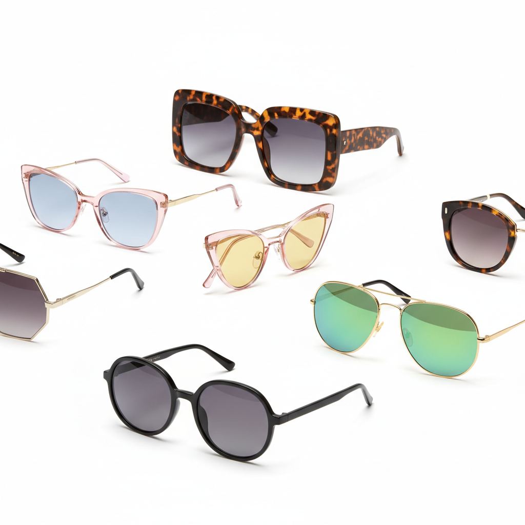 Collection of fashion sunglasses including oversized, cat-eye and aviator styles on white background