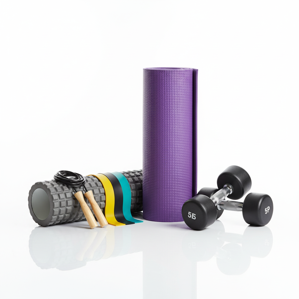 Home fitness equipment including yoga mat, resistance bands, foam roller and jump rope on white background