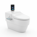 Modern self-cleaning toilet system and smart home gadgets on white background