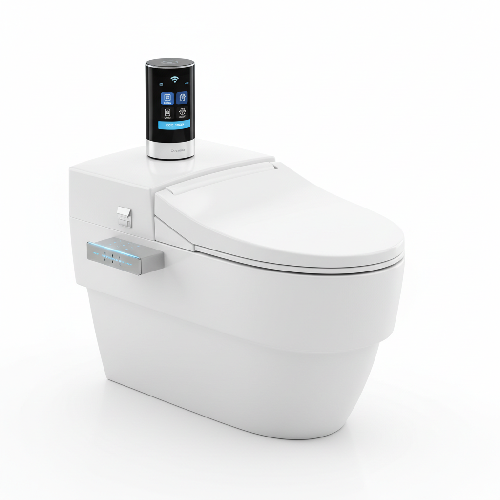 Modern self-cleaning toilet system and smart home gadgets on white background