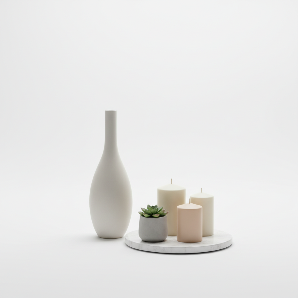 Minimalist home decor set with ceramic vase, marble tray and pillar candles on white background