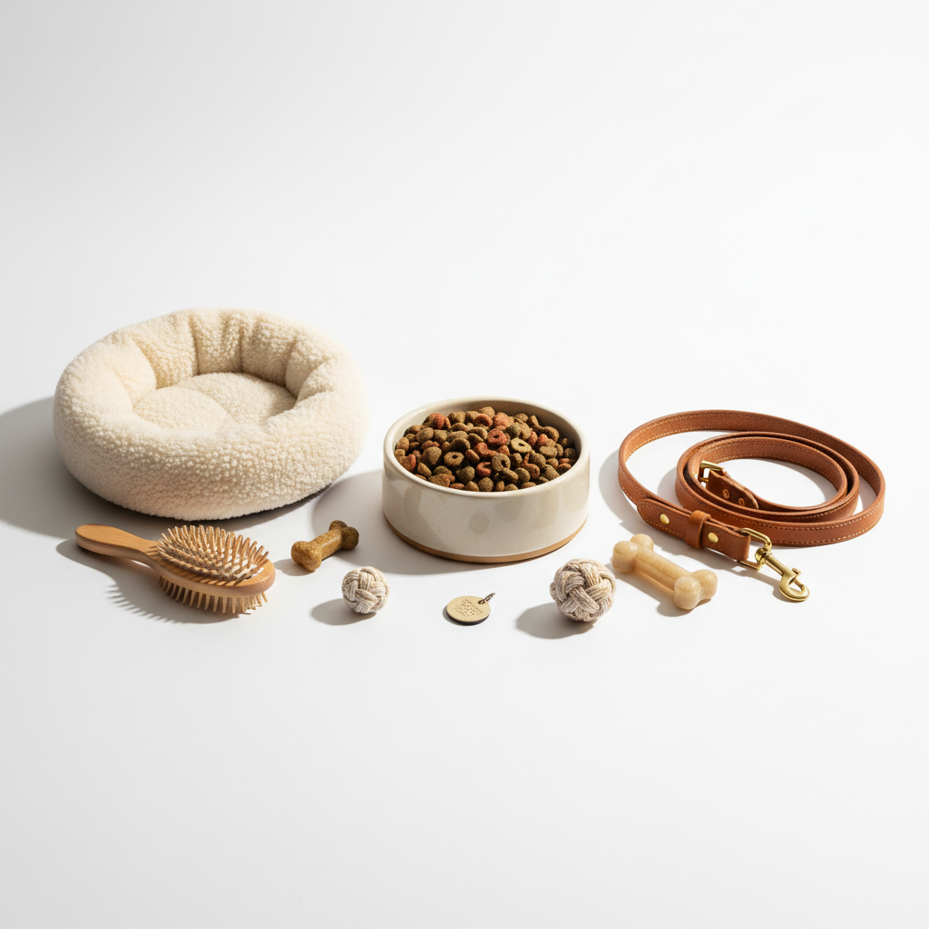 Collection of pet supplies including food bowl, leash, collar, grooming brush and pet bed on white background